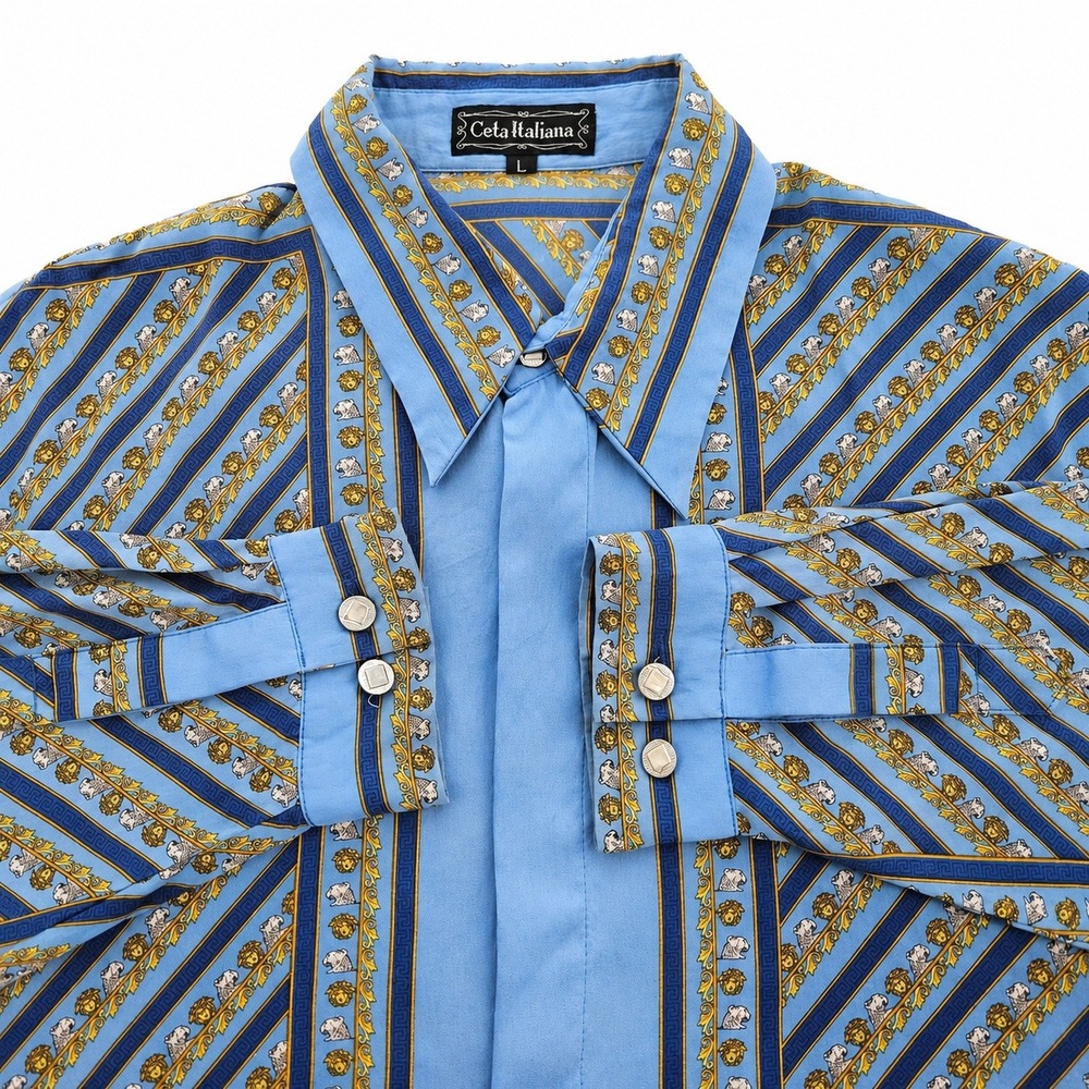 VTG Ceta Italiana Shirt Men L Blue Silk Baroque Lion Button Up Luxury Maximal